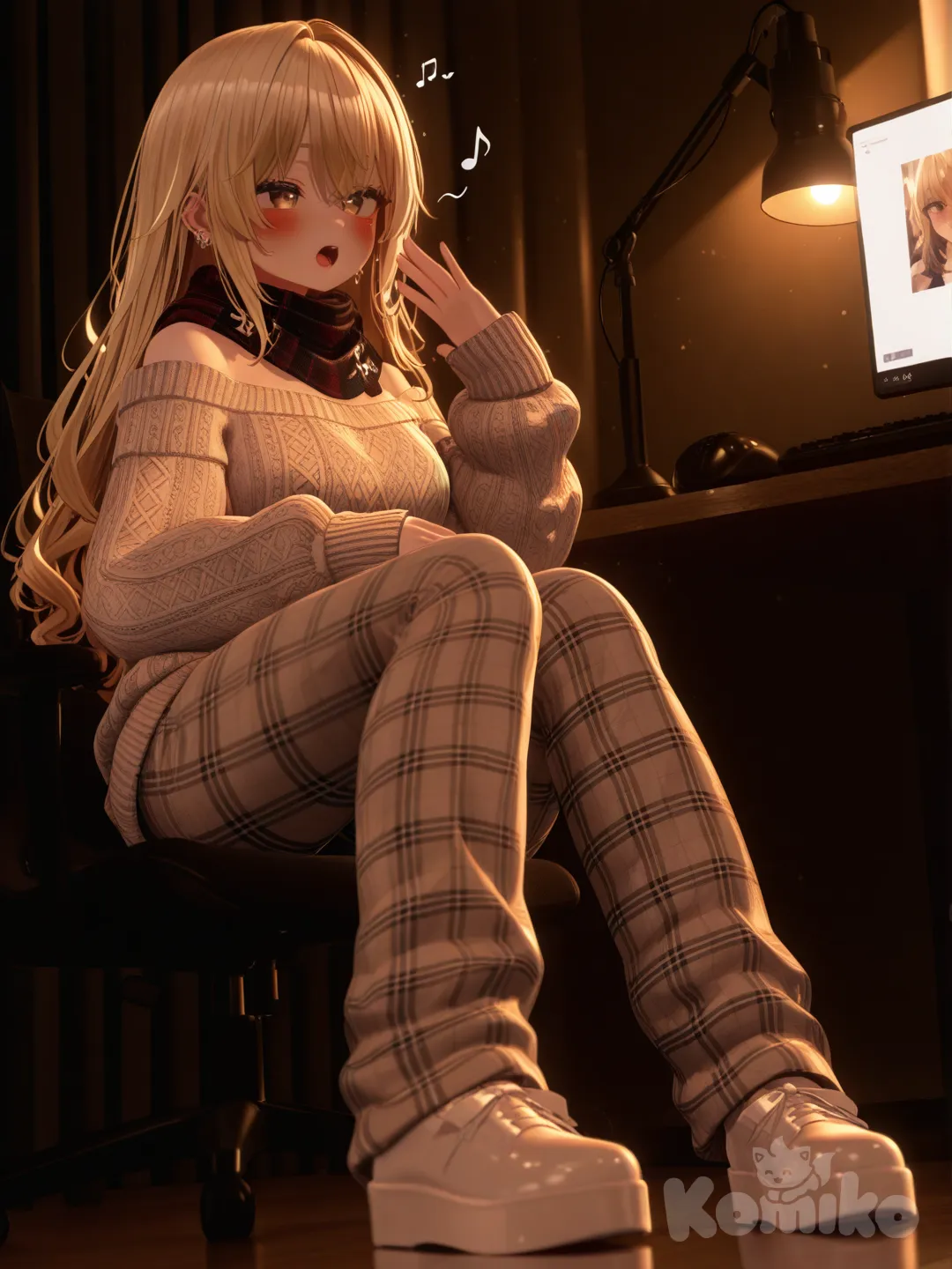 1girl, [3d-anime-style], singing with music around her, blush,BTFBM Off The Shoulder Sweater for Women Winter Fall Fashion 2025, plaid pajama pants, scarf, blonde hair, closeup, full body, rim light, pier