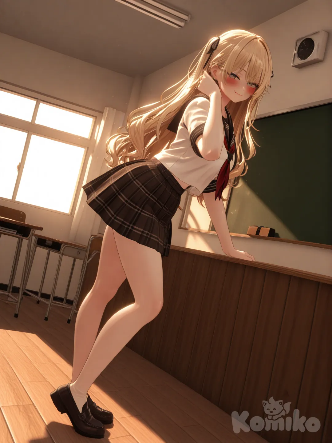 1girl, [3d-anime-style], tucking hair, blush, smirk, smile, school uniform, hair accessory, blonde hair, full body, closeup, rim light, classroom