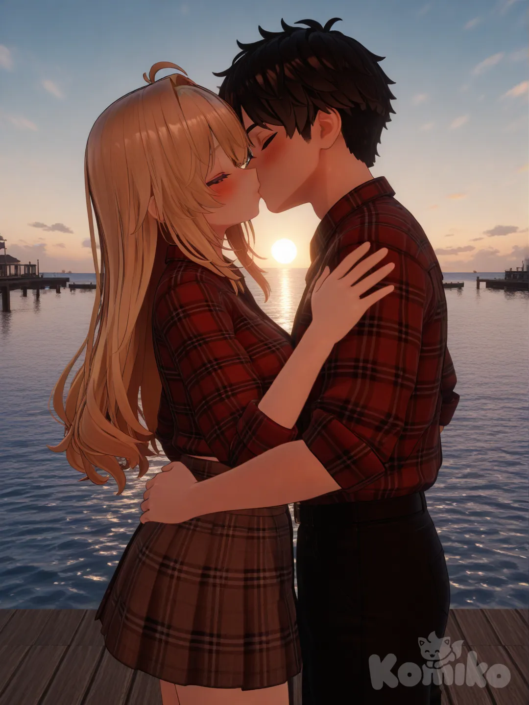 1boy, 1girl, 2people, [3d-anime-style], kissing romantically, blush, plaid clothes, blonde hair, rim light, pier