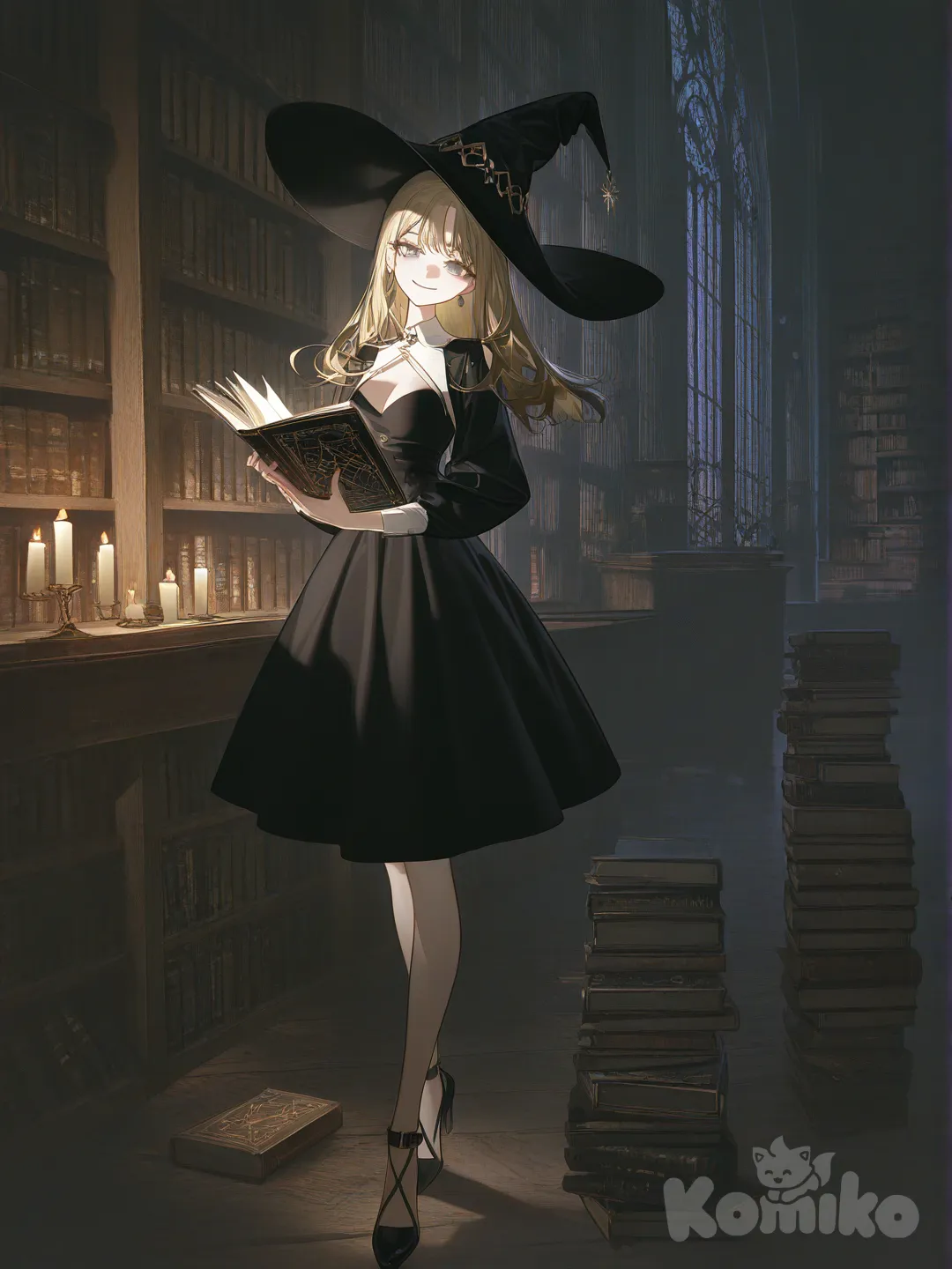 1girl, [high-contrast-glossy-style], reading a spell book, smirk, which hat, which outfit, blonde hair, full body, night, library