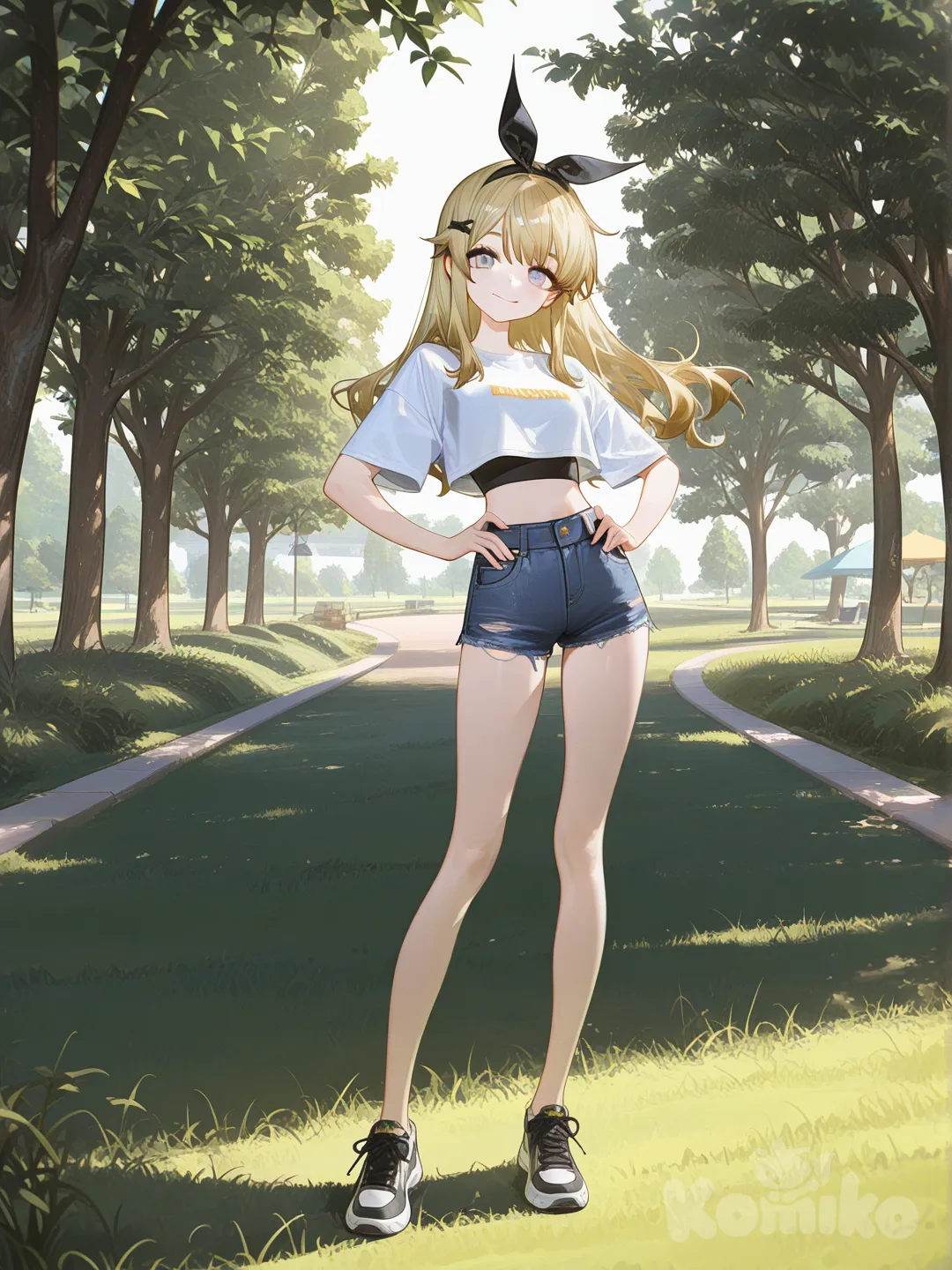 1girl, [high-gloss-illustration-style], looking at viewer, proud, crop top, short jeans, hair accessory, blonde hair, full body, rim light, park
