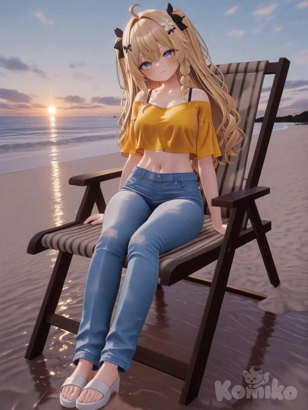 1girl, [3d-anime-style], head tilt, crop top, jeans, hair accessory, blonde hair, closeup, full body, rim light, on the beach sitting on a beach chair