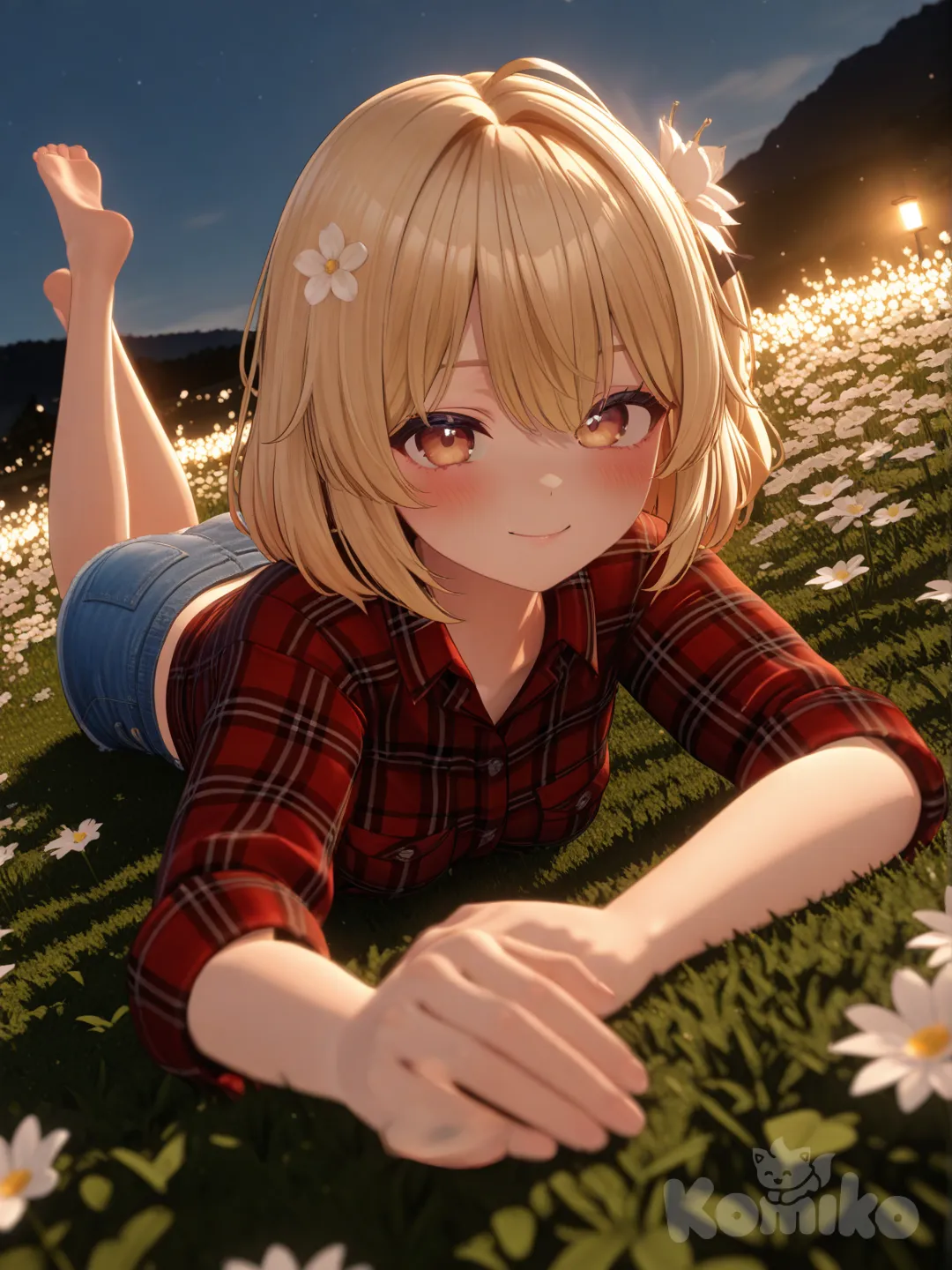 1girl, [3d-anime-style], lie on stomach, blush, smile, plaid shirt, short jeans, hair accessory, blonde hair, full body, closeup, looking at viewer, rim light, field of flowers