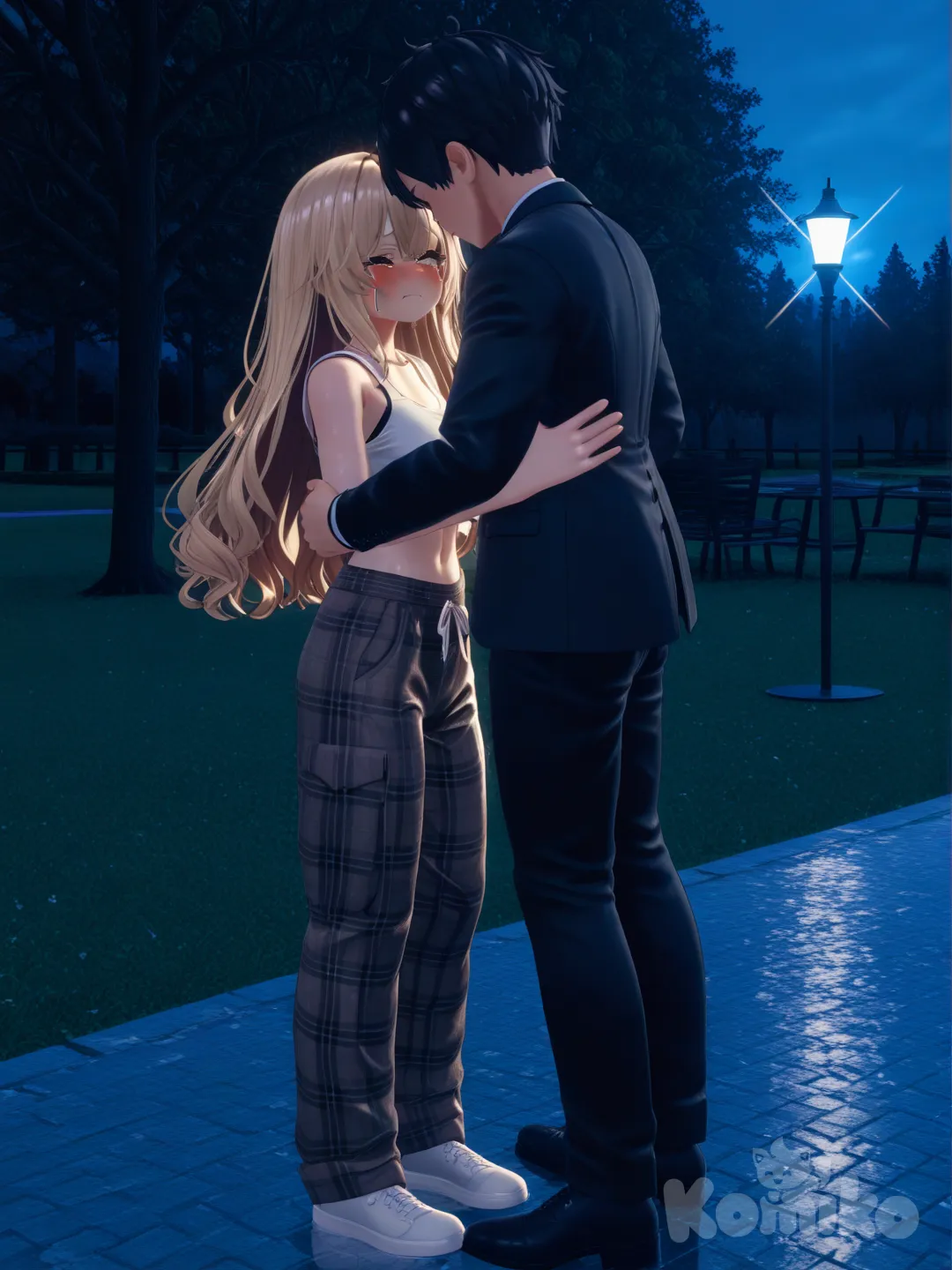1boy, 1girl, 2people, [3d-anime-style], hugging, blush, little tears, crop top on the girl, plaid pajama pants, boy suit, blonde hair, black hair, full body, rim light, park