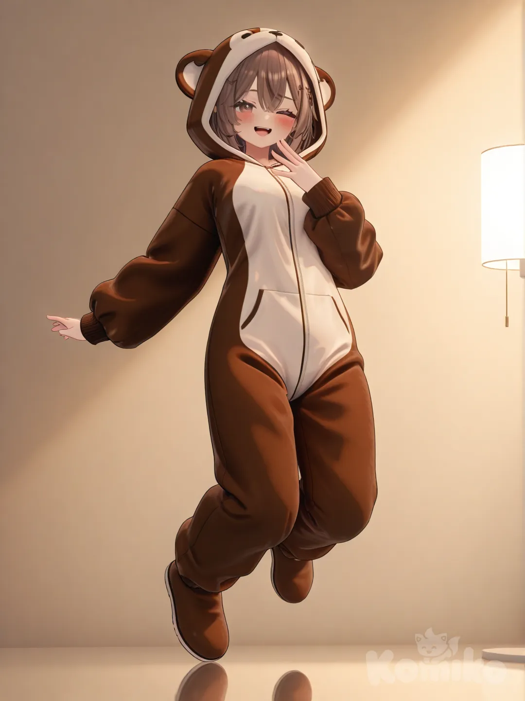 1girl, [3d-anime-style], jumping, laughing, blush, one eye closed, onesie, brown hair, full body, rim light, pier