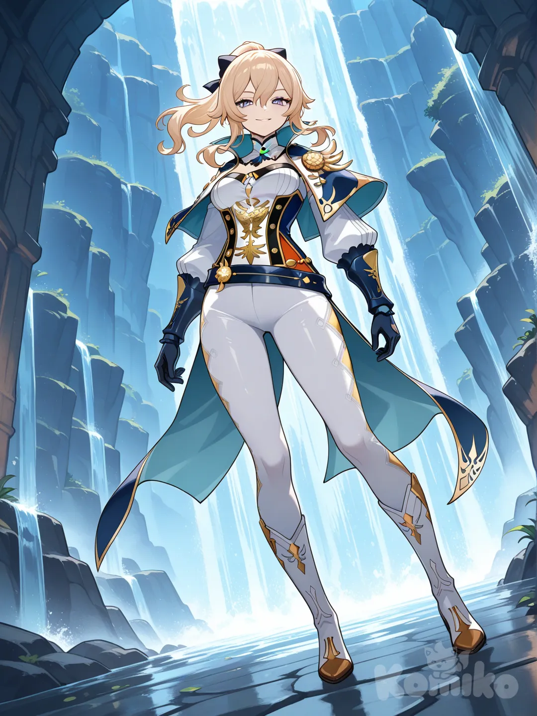 @Jean_(Genshin_Impact), smirk, standing proud, closeup, full body, looking at viewer, rim light, waterfall