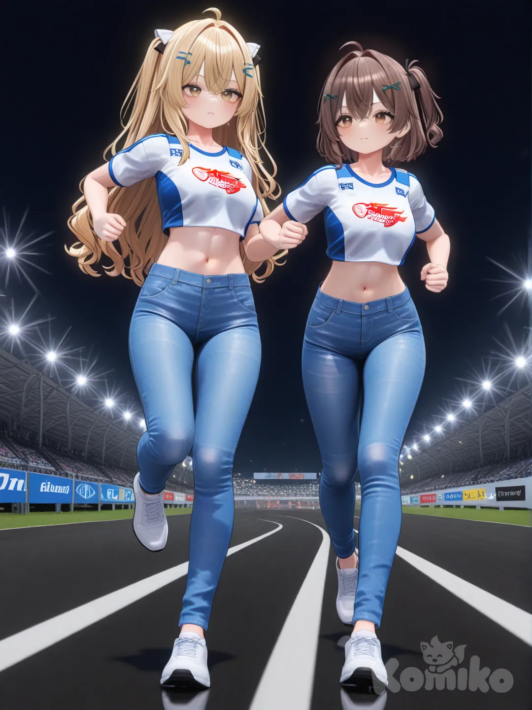 2girl, [3d-anime-style], proud, running, crop top, jeans, hair accessory, blonde hair, brown hair, closeup, full body, rim light, racing on a race track