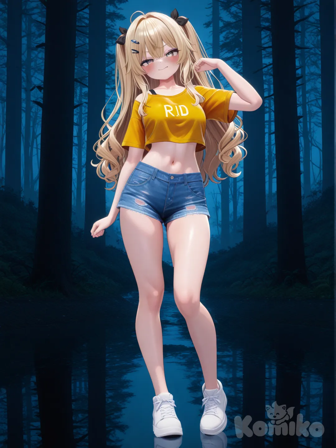 1girl, head tilt, [3d-anime-style], standing proud, smirk, blush, crop top, short jeans, hair accessory, blonde hair, full body, looking at viewer, closeup, portrait, rim light, in front of a forest
