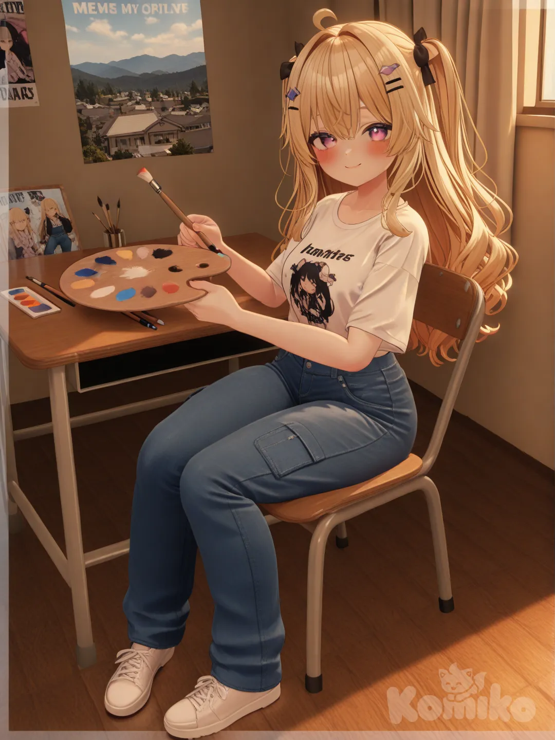 1girl, [3d-anime-style]painting on a poster(landscape), art materials around her on the table, smile, blush, t-shirt, cute pants, hair accessory, blonde hair, full body, looking at viewer, rim light, classroom