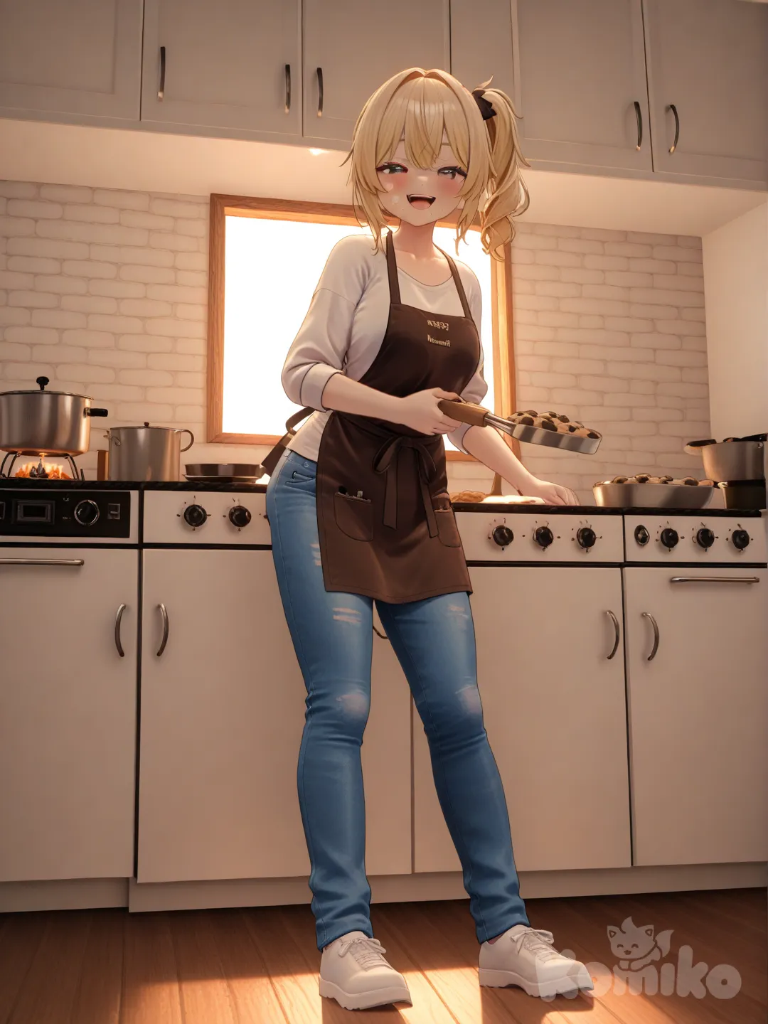 1girl, [3d-anime-style], laughing, baking cookies, apron, shirt, jeans, blonde hair, side ponytail, cookie doe all around, closeup, full body, looking at viewer, day, kicthen