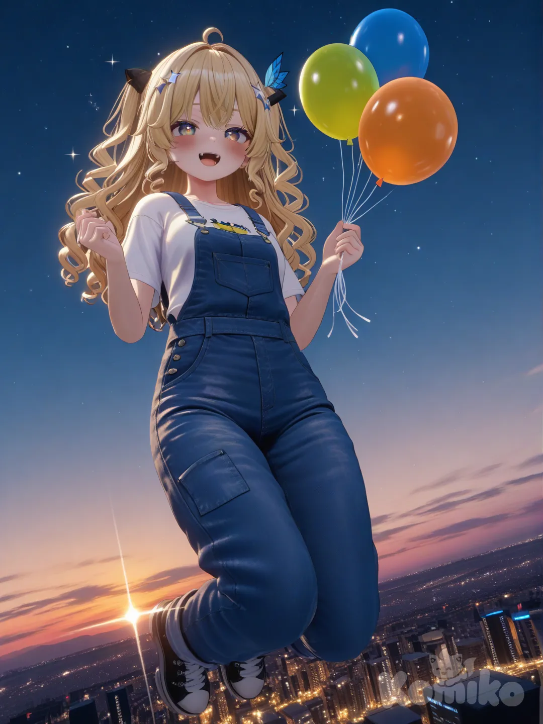 1girl, [3d-anime-style], hanging on to balloons that are taking to the sky, laughing, blush, t-shirt, overalls, hair accessory, blonde hair, fluffy curls, full body, closeup, looking at viewer, night, twilight, sparkle, in the air cityscape in the back