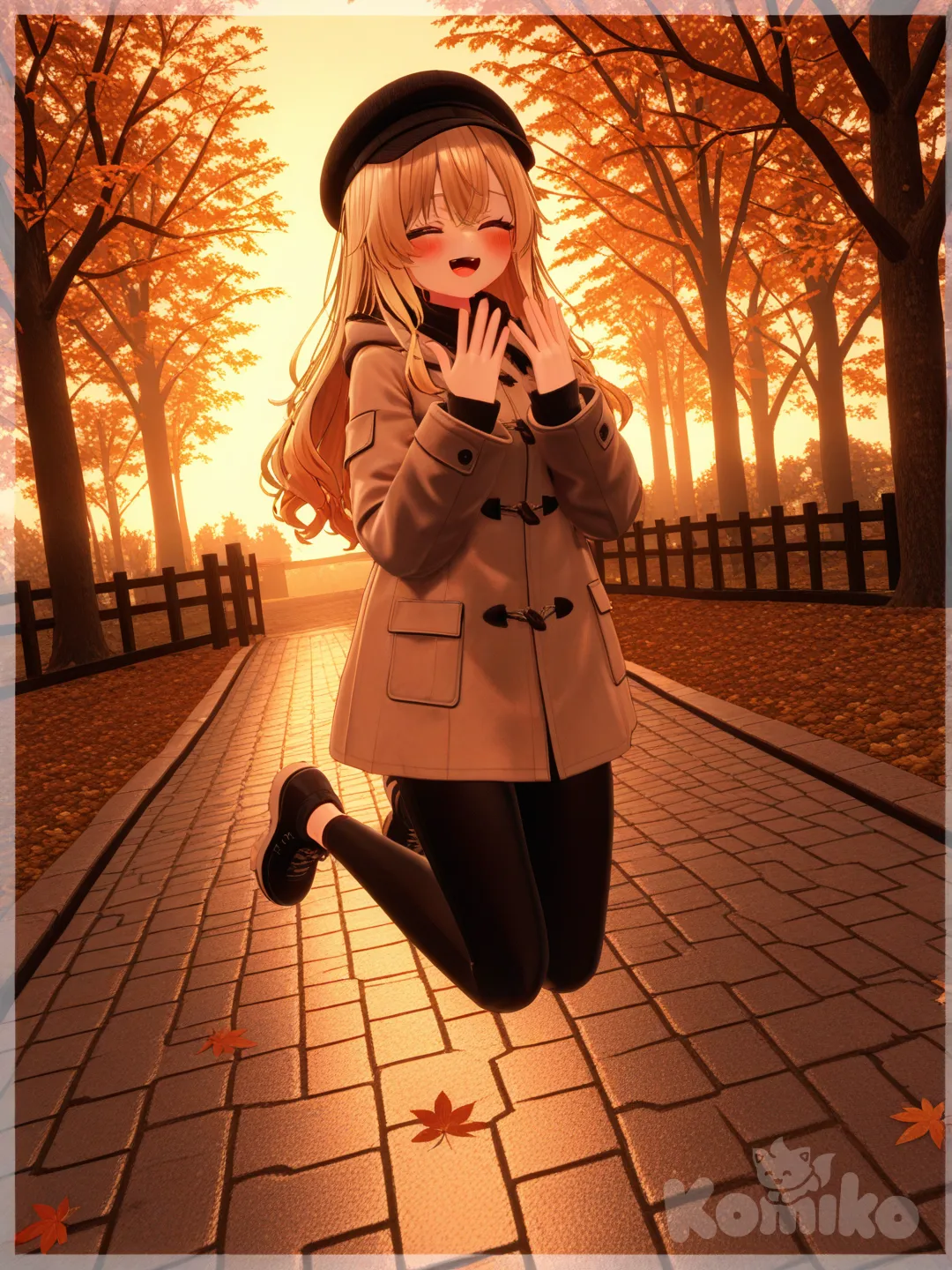 1girl, [3d-anime-style], jumping in a pile of leaves, laughing, blush, comfy coat, leggings, hat, blonde hair, handsup, closeup, full body, rim light, back yard with a pile of leaves