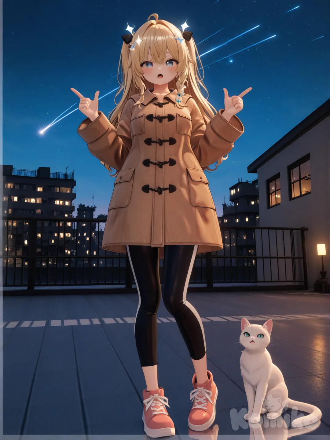 1girl, [3d-anime-style], on the rooftop's with her white cat, open mouth, pointing to the sky (at the stars), really comfy coat, leggings, hair accessory, blonde hair, closeup, full body, sparkle, night, shooting stars, on top of a building (apartment)