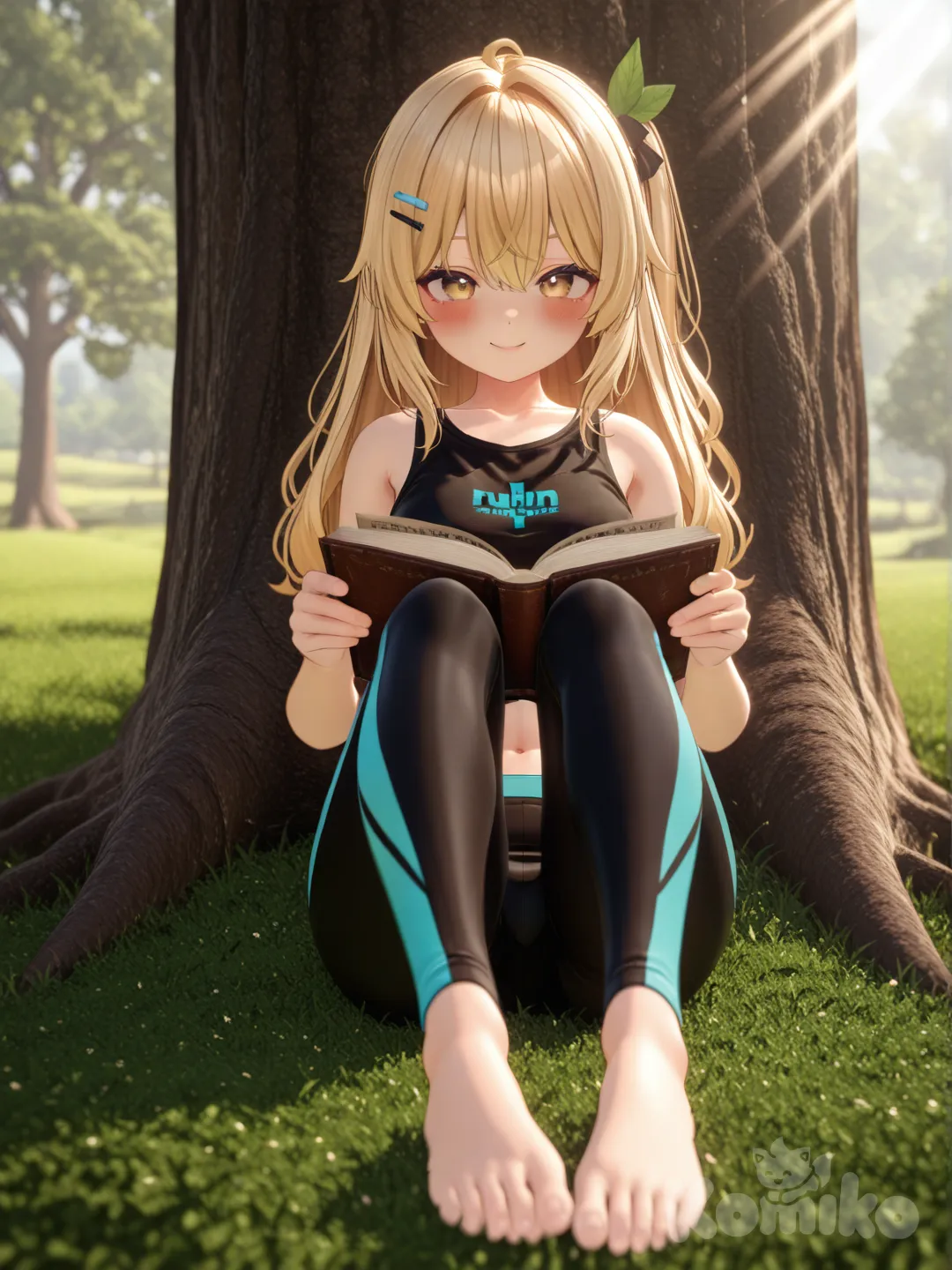 1girl, [3d-anime-style], reading under the tree, sitting on the grass, smile, blush, crop top, cute leggings, hair accessory, blonde hair, full body, closeup, looking at viewer, day, the leaves on the tree have light traveling through, tree behind her back