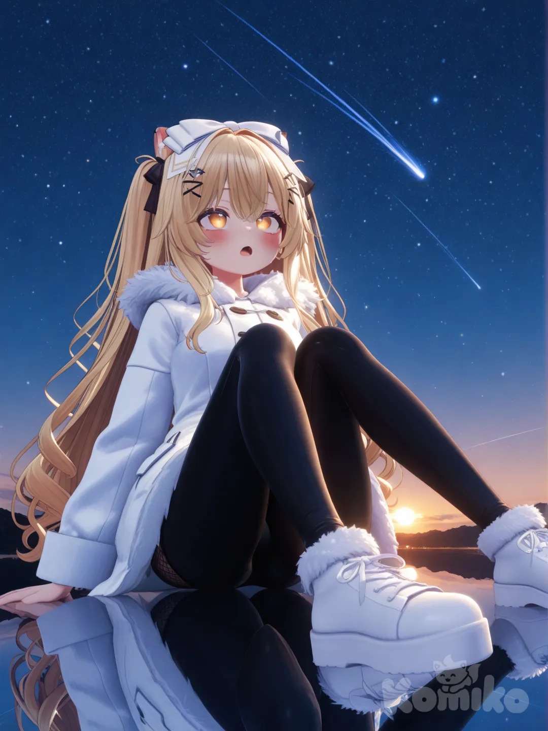 1girl, [3d-anime-style], in awe, sitting, blush, fluffy coat, cute leggings, blonde hair, hair accessory, full body, closeup, rim light, looking in the shooting star sky
