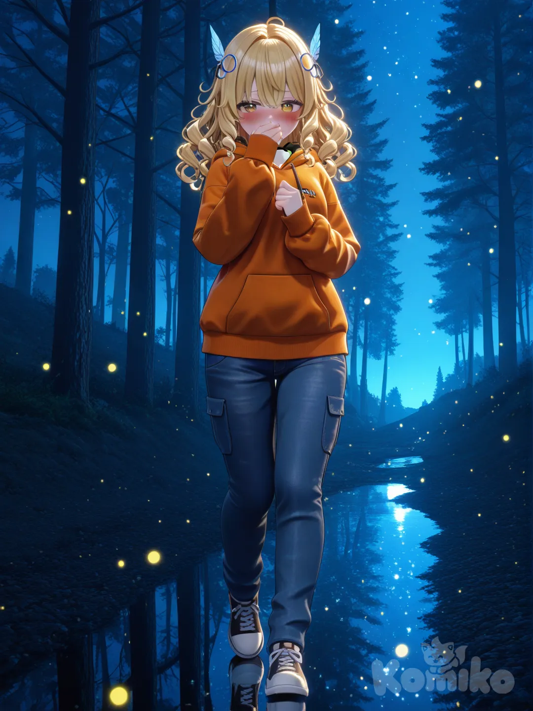 1girl, [3d-anime-style], walking, blush, hand covering mouth, hoodie, casual pants, hair accessory, blonde hair, spiral curls, full body, night, sparkle, forest, fireflies all around