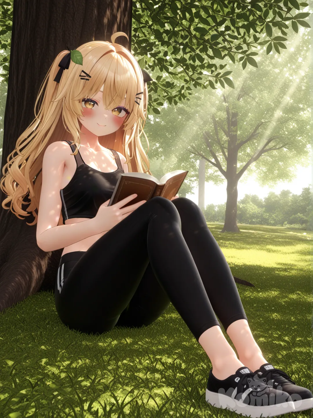 1girl, [3d-anime-style], reading under the tree, sitting on the grass, smile, blush, crop top, cute leggings, hair accessory, blonde hair, full body, closeup, looking at viewer, day, the leaves on the tree have light traveling through, tree behind her back