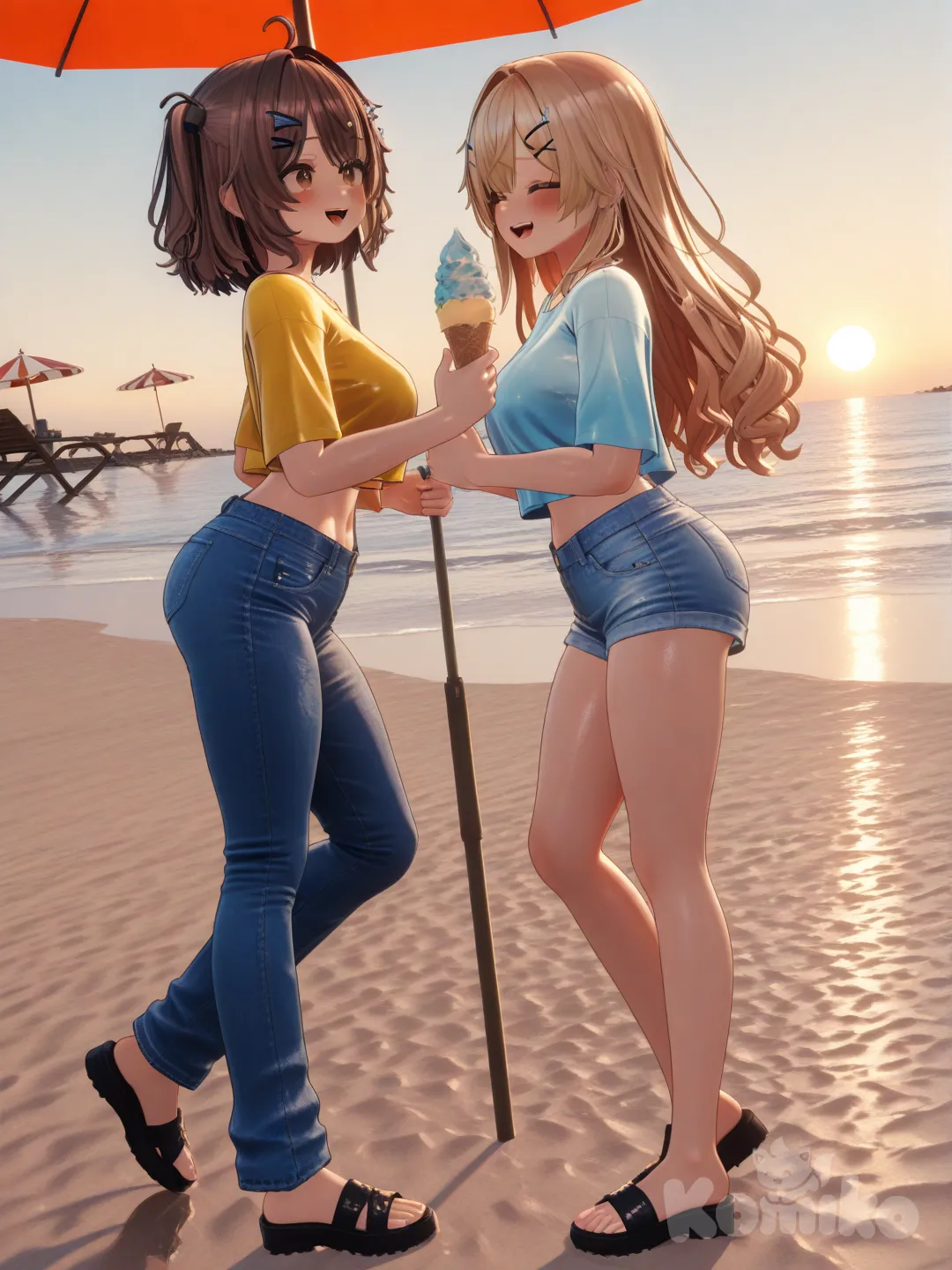 1girl, [3d-anime-style], holding ice cream, laughing, blush, crop top one yellow one light blue, cute jeans, hair accessory, blonde hair, brown hair, closeup, full body, rim light, beach
