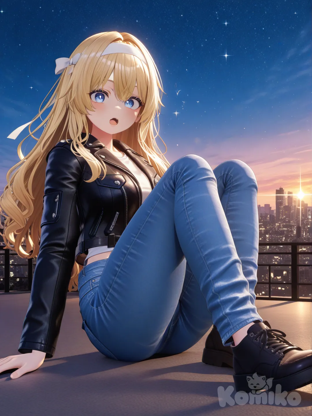 1girl, [3d-anime-style], sitting on the ground, open mouth, leather jacket, casual pants, headband, blonde hair, closeup, full body, looking at viewer, night, twilight, sparkle, beautiful sky