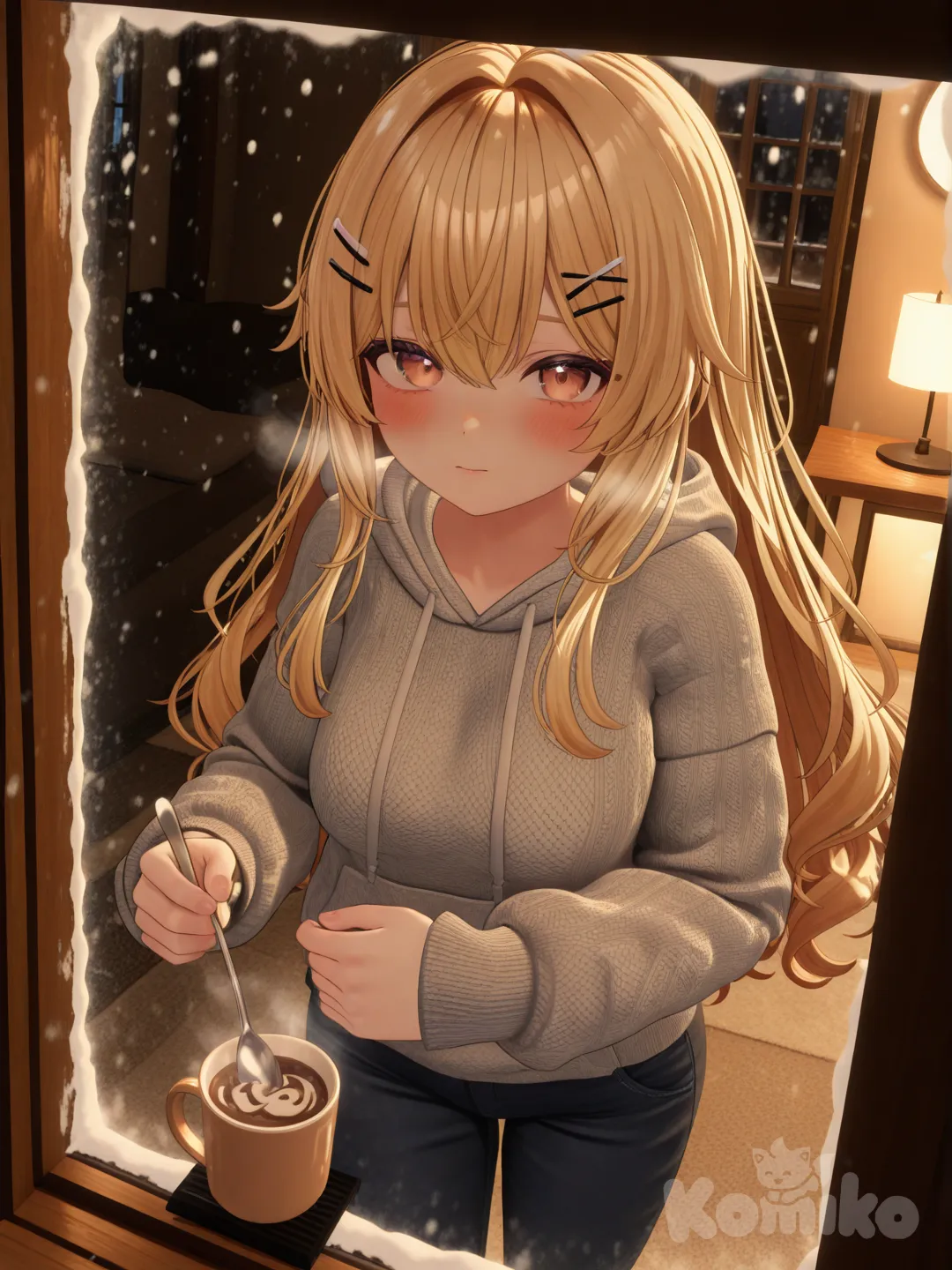 1girl, [3d-anime-style], we see the girl inside spinning the hot chocolate with a spoon and the viewer is outside in the snow, the girl blush, hoodie, casual pants, hairpin, blonde hair, closeup, looking at viewer, light inside, girl in house viewer outside