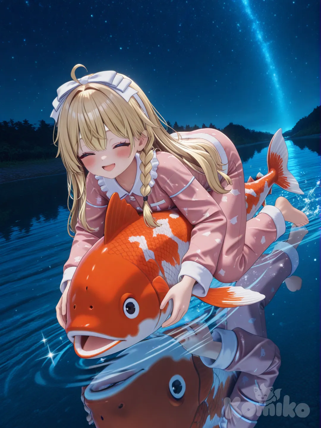 1girl, [3d-anime-style], riding a koi fish in a sparkling river, blush, laughing, smile, blush, pajamas, headband, blonde hair, braid, full body, closeup, night, sparkle, under magical sparkling water