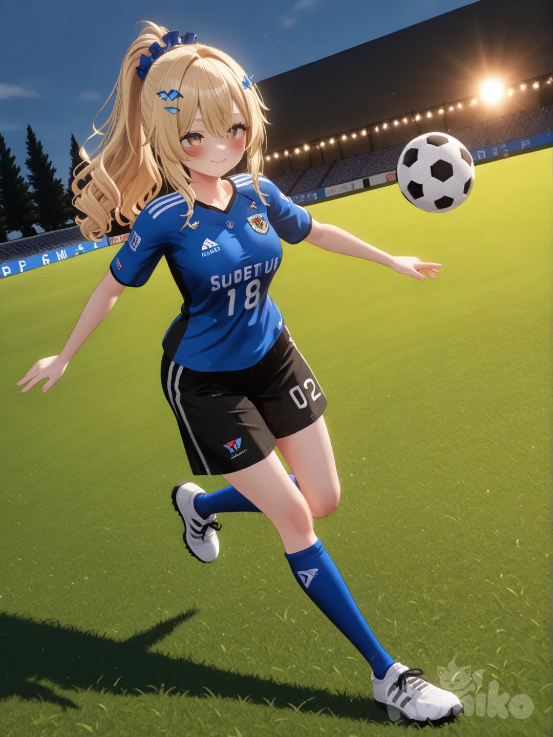 1girl, [3d-anime-style], playing soccer, smile, blush, soccer uniform, soccer ball, hair accessory, blonde hair, high ponytail, full body, rim light, on a soccer field