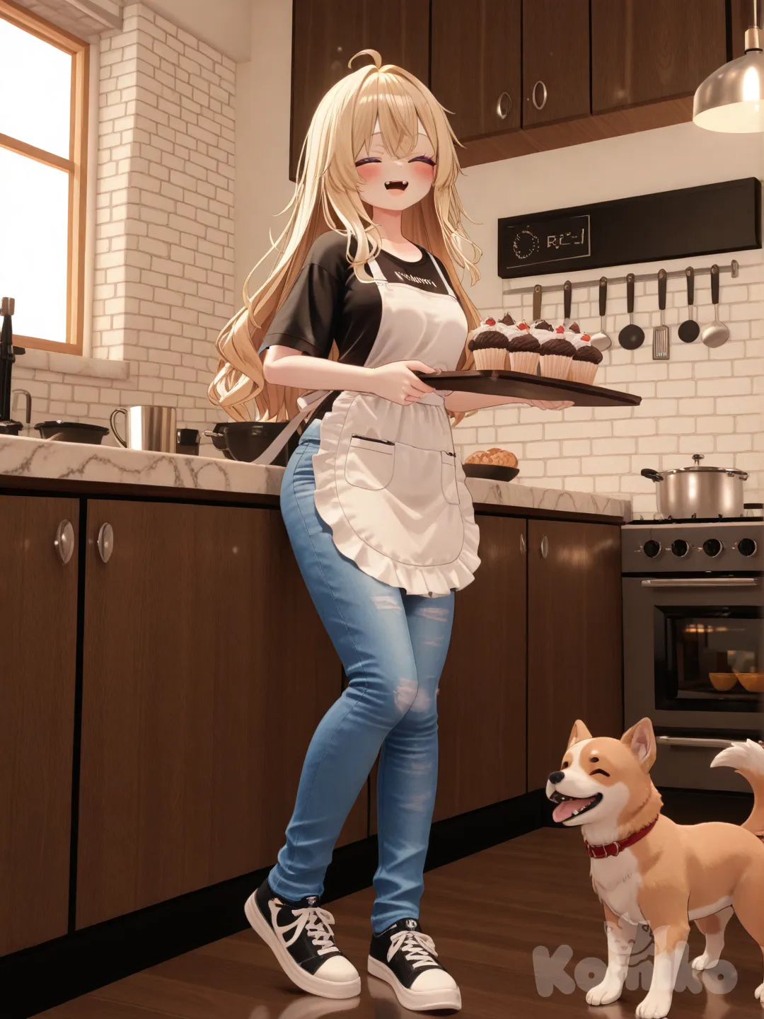 1girl, [3d-anime-style], baking cupcakes, puppy next to her, laughing, eyes closed, blush, t-shirt, jeans, apron, blonde hair, full body, rim light, cafe