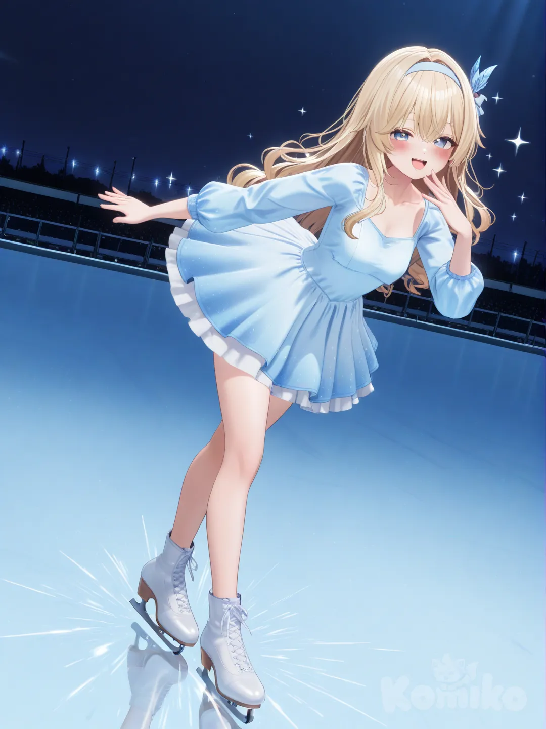 1girl, [3d-anime-style], ice skating, blush, laughing, smile, ballerina outfit/ ice-skate theme(light blue), headband, blonde hair, closeup, full body, looking at viewer, night, sparkle, ice skating rink