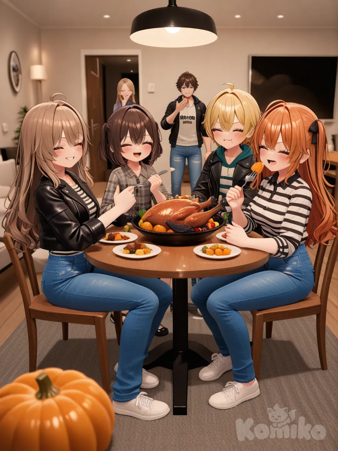 2boys, 3girls, [3d-anime-style] having thanks giving together, two little kids play, smile, laughing, smirk, blush, eating, hoodie, striped shirt, plaid shirt, leather jacket, polo shirt, casual pants, jeans, blonde hair, brown hair, orange hair, full body, rim light, house