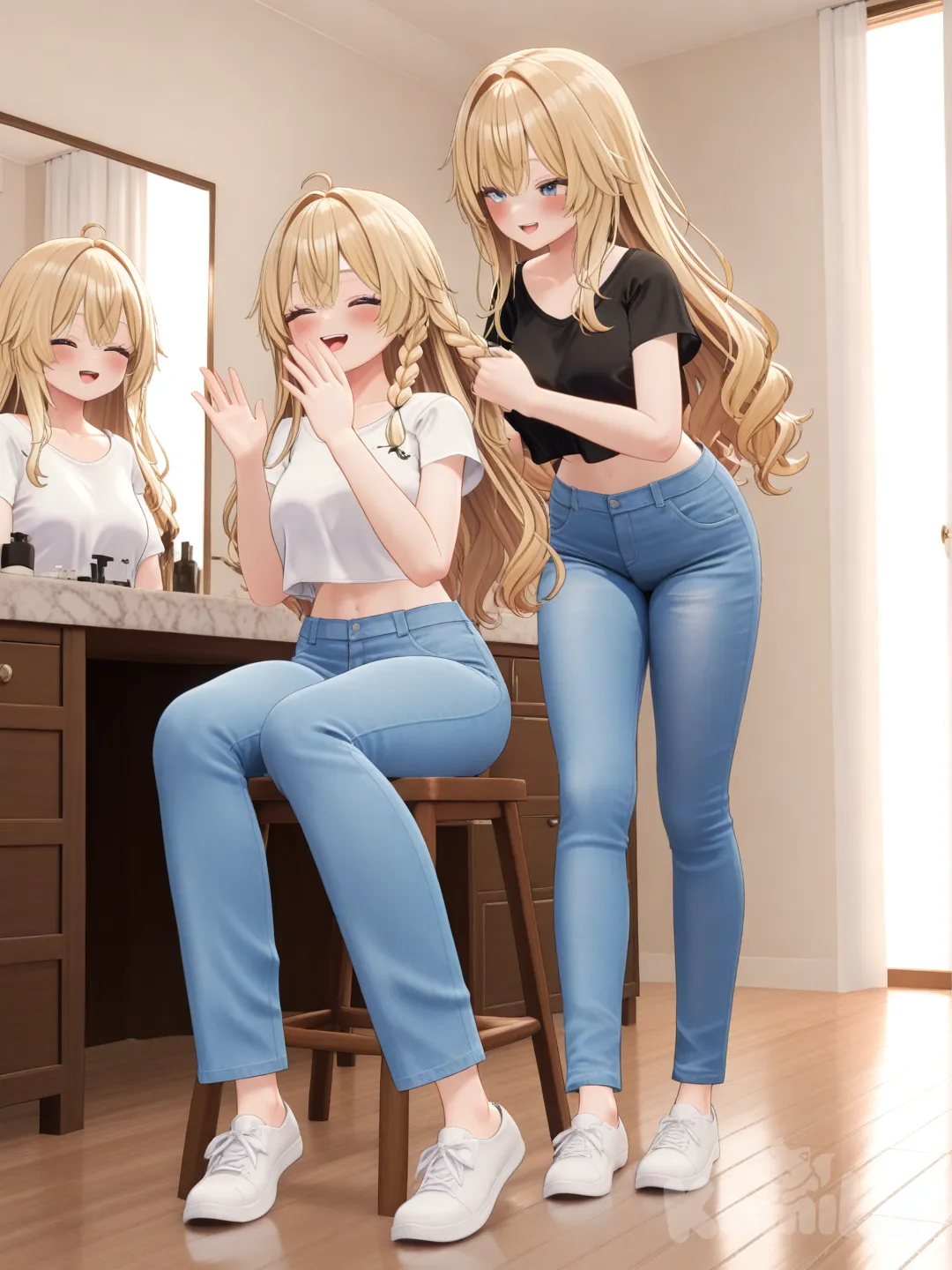 2girls, [3d-anime-style], one girl braiding hair, blush, smile, laughing, crop top, casual pants, blonde hair, full body, rim light, hair salon