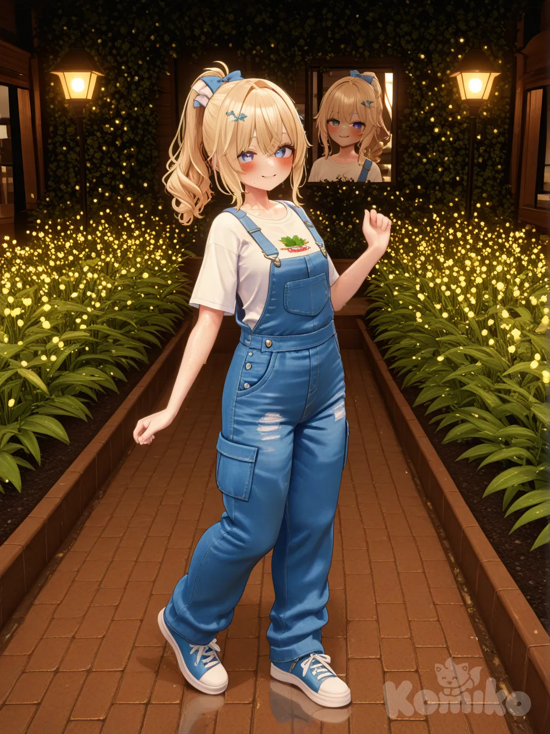 1girl, [3d-anime-style], planting flowers, smile, blush, t-shirt, overalls, hair accessory, blonde hair, high ponytail, sweat, full body, closeup, day, outside yard