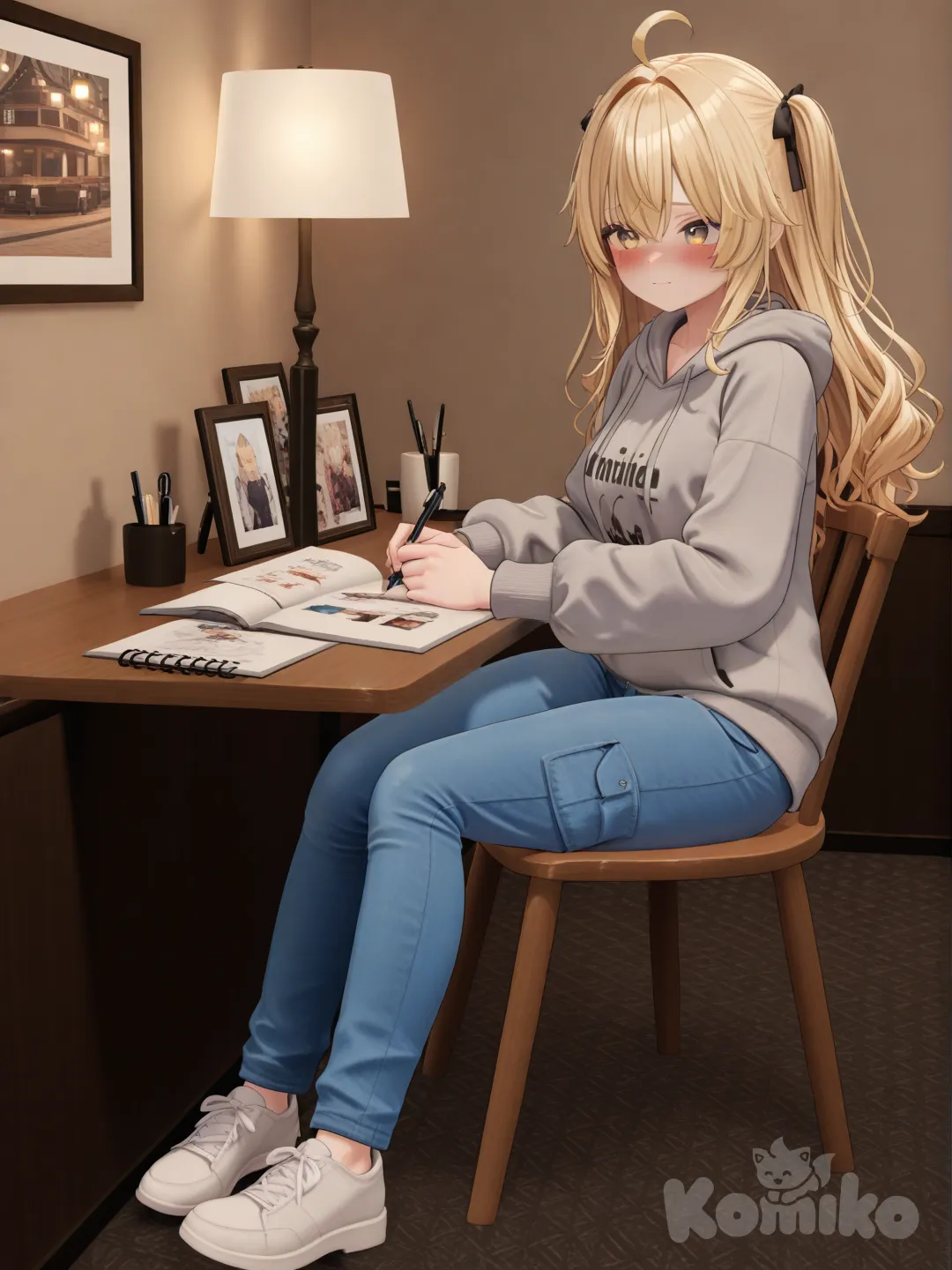 1girl, [3d-anime-style], drawing in her note book, blush, shy, hoodie, casual pants, blonde hair, full body, rim light, cafe