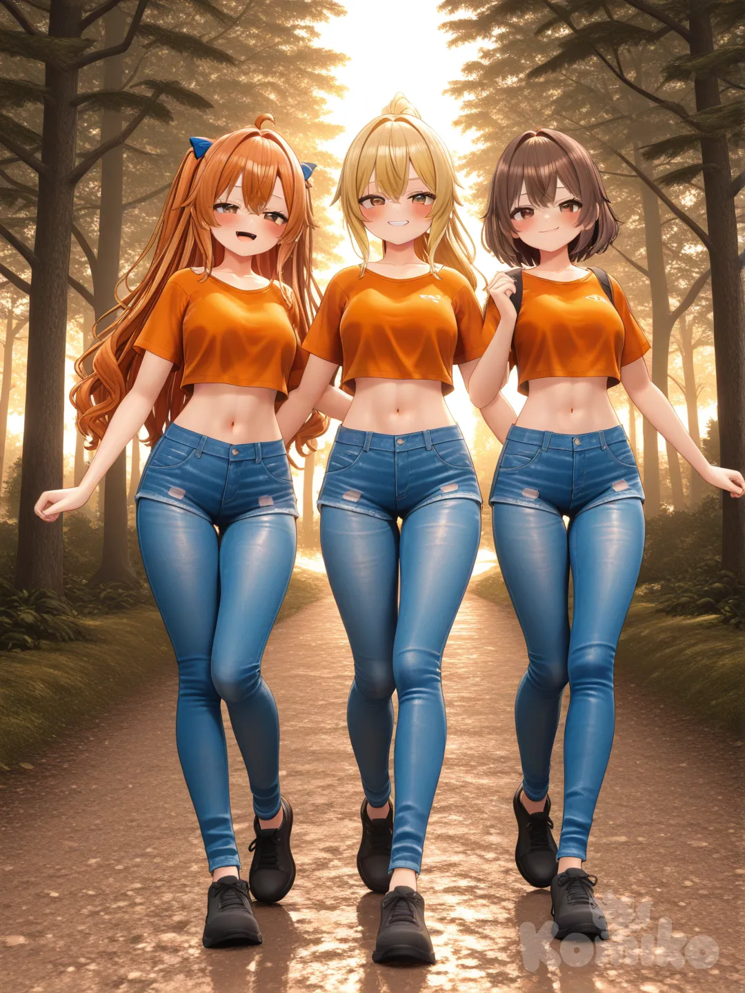 3girls, [3d-anime-style] hiking together as friends, laughing, smile, smirk, blush, crop top, jeans or short jeans, blonde hair, brown hair, orange hair, all high ponytail, full body, rim light, day, hiking in a forest