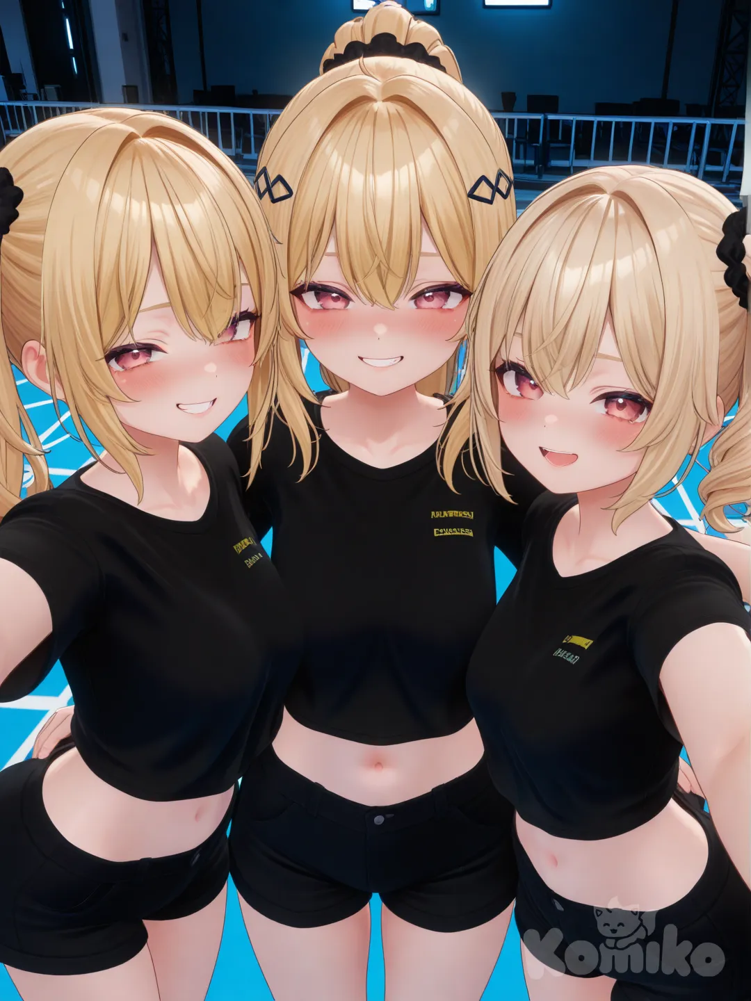 3girls, [3d-anime-style], selfie in skate park, laughing, smile, smirk, blush, crop top, shorts, hair accessory, blonde hair, high ponytail, bun, side ponytail, closeup, looking at viewer, rim light, skate park