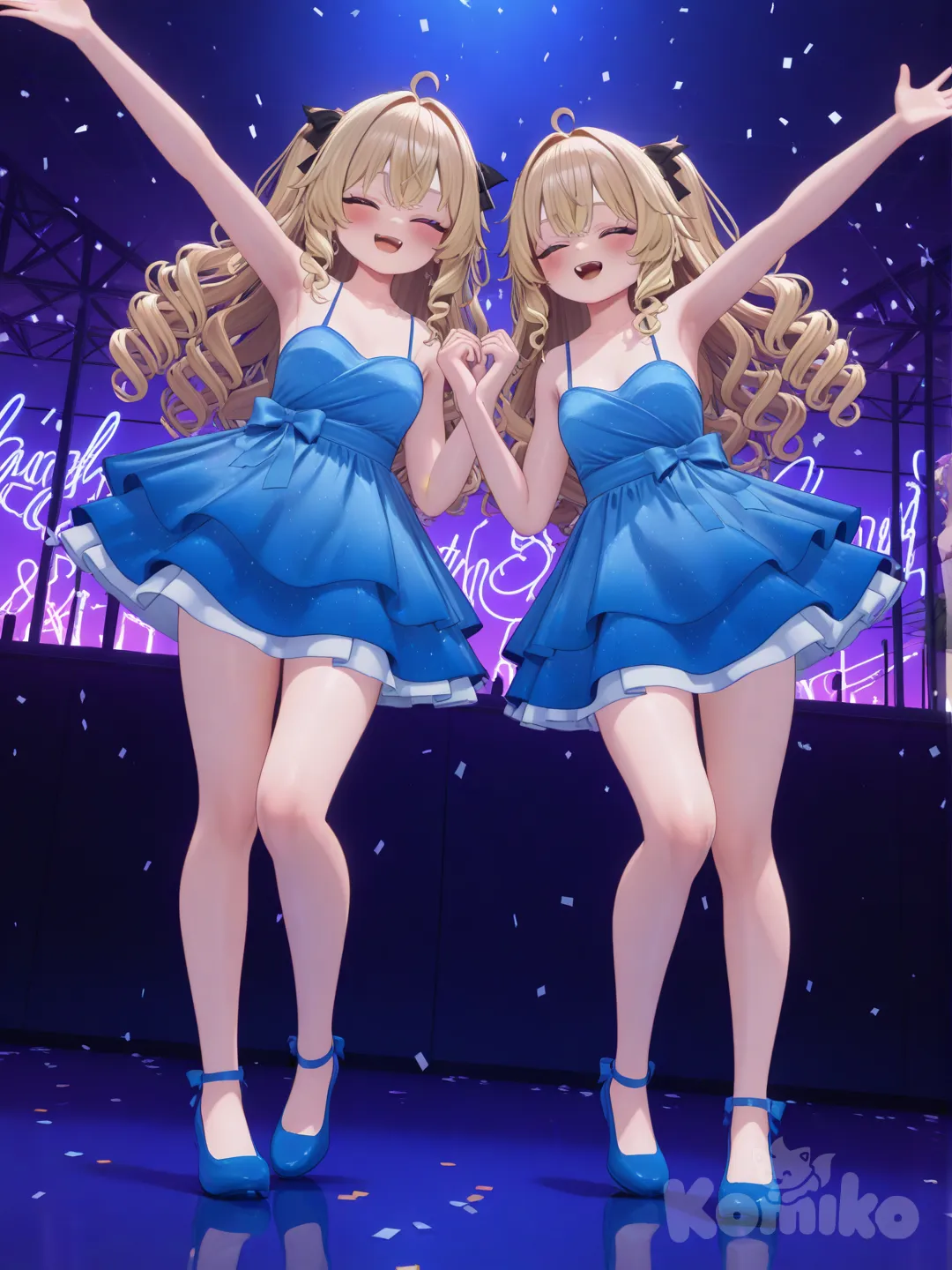 2girls, [3d-anime-style], putting their hands in the air with confetti all around, one looking up, blush, laughing, smile, open mouth, little black dress, light blue evening dress, blonde hair, spiral curls, fluffy curls, full body, night, neon lights, night club party