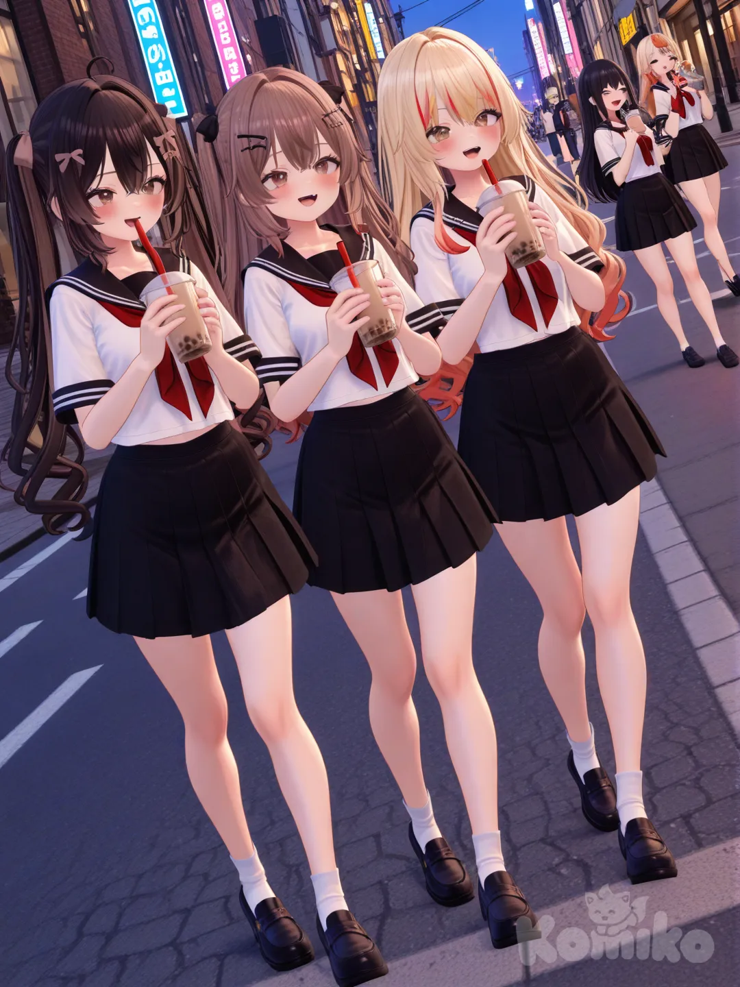 4 teen girls, [3d-anime-style], all grabbing a boba drink, blush, laughing, smile, talking, school uniform, hair accessory, blonde hair, brown hair, black hair, full body, rim light, in the streets grabbing boba