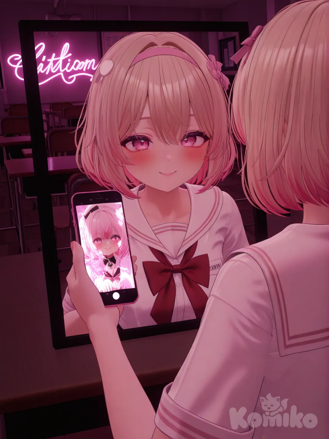 1girl, [3d-anime-style], watching ticktock, blush, smile, school uniform, headband, blonde hair with pink strips through her hair, closeup behind her, neon lights, detention