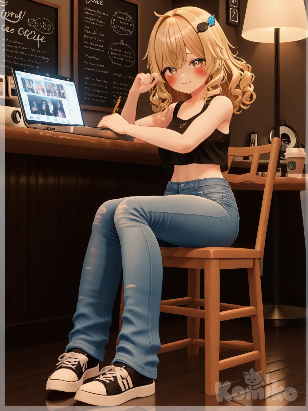 1Girl,[3d-anime-style],journaling with stickers on her laptop,blush, smile, shy, crop top, jeans, hair accessory, blonde hair, spiral curls, full body, rim light, at a coffee shop