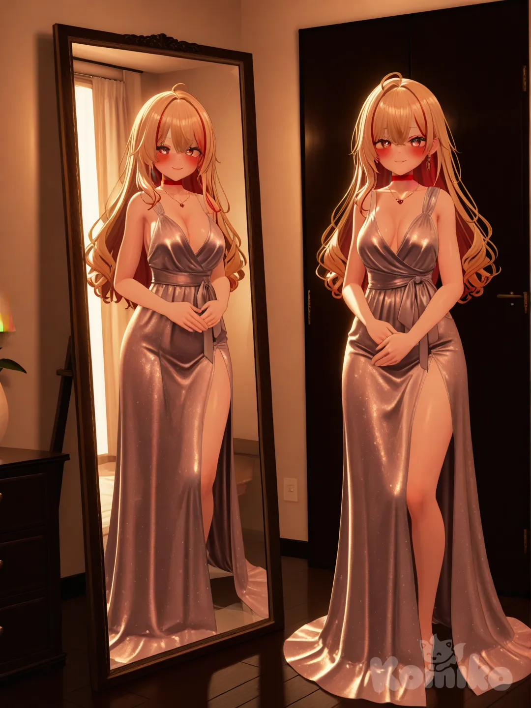 1girl, [3d-anime-style], trying on outfits in front of a closet mirror, smile, blush, evening dress, red earrings, red necklace, blonde hair, with red strips, full body, looking at viewer, rim light, bedroom