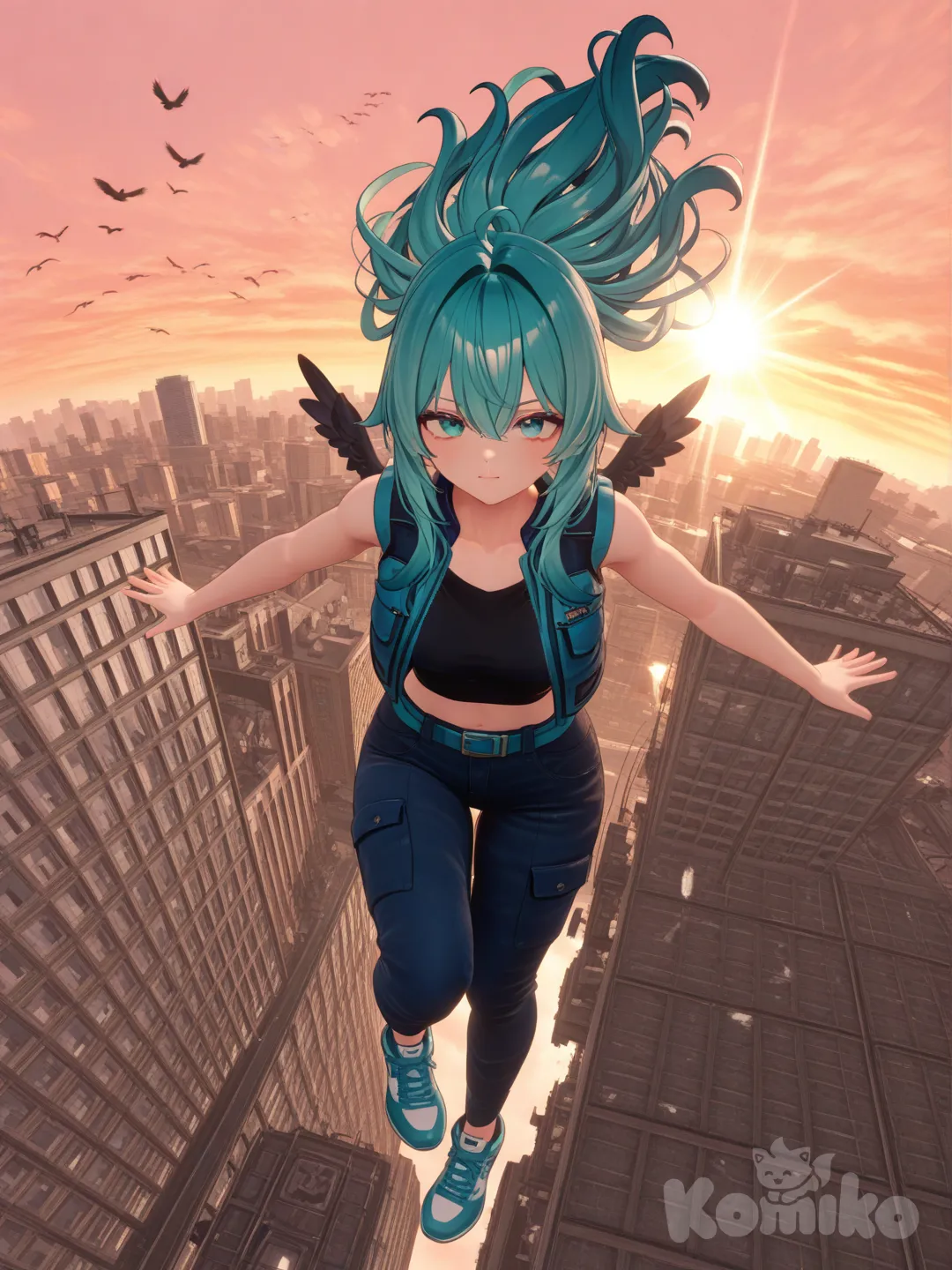 [3d-anime-style],Girls: 1
Hair: Sky‑teal
Action: Free‑falling then surfacing through clouds
Scene: Above a sunrise city, winged shadows passing, vest, casual pants
