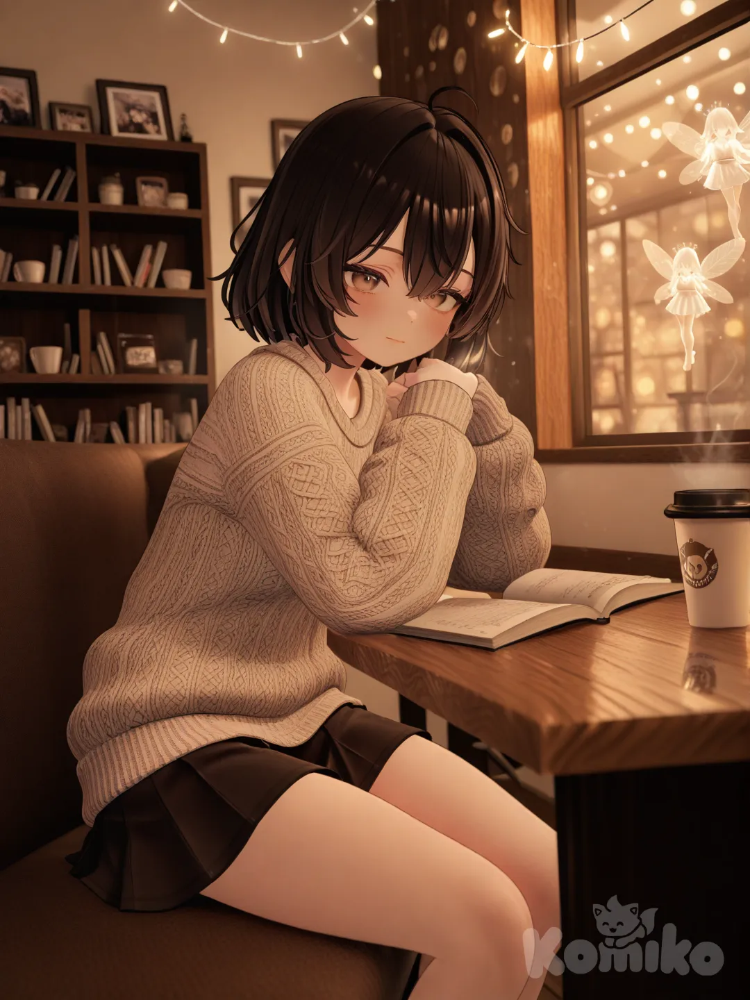 1girl,[3d-anime-style] Window-seat study break in a bookshop café; fogged glass doodles, twinkle lights, latte art; soft bokeh