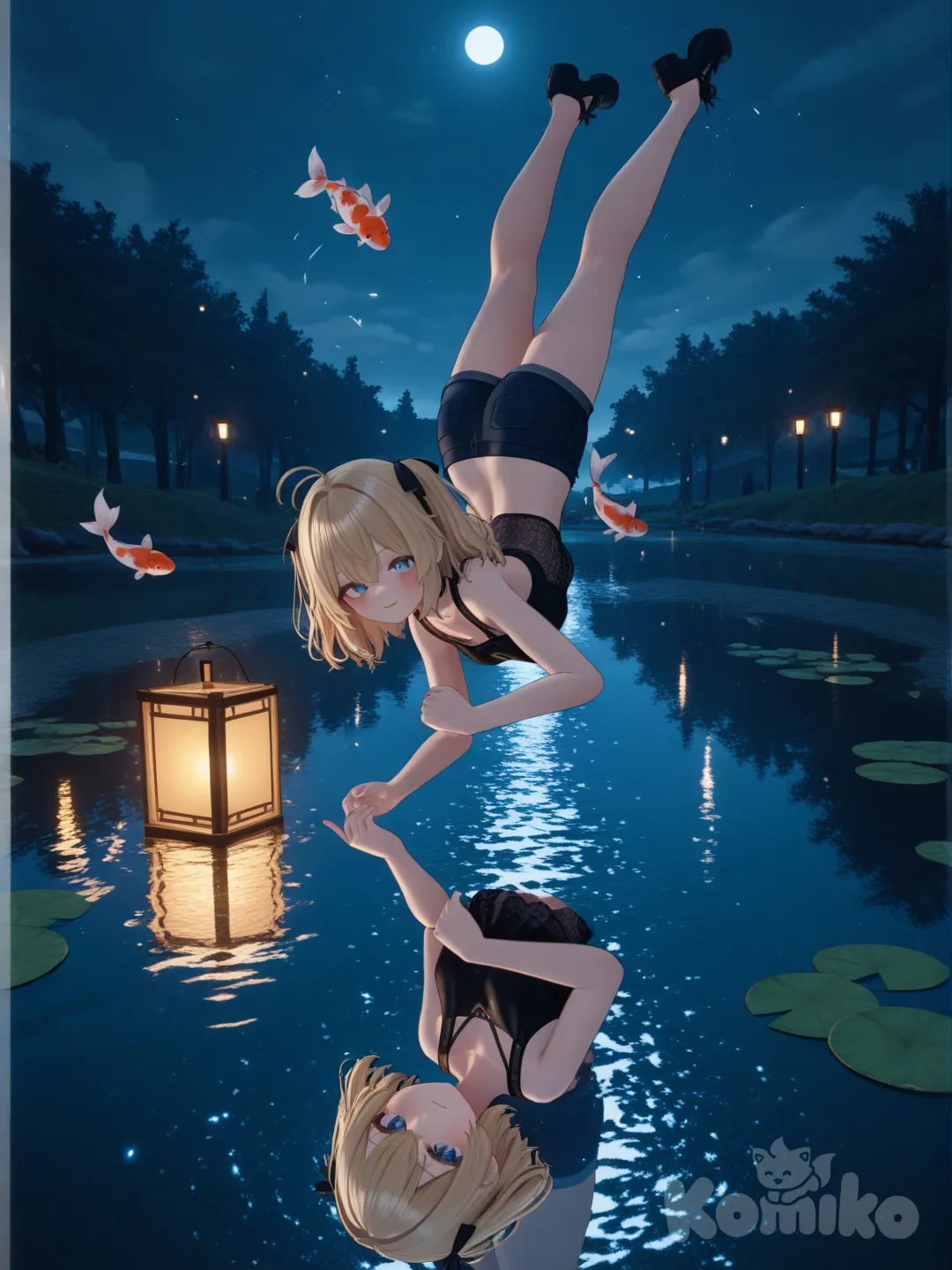 [3d-anime-style],Girls: 1,Hair: Sun‑blonde,Action: Leaping across floating lily pads,Scene: Moonlit koi pond with lanterns and fireflies