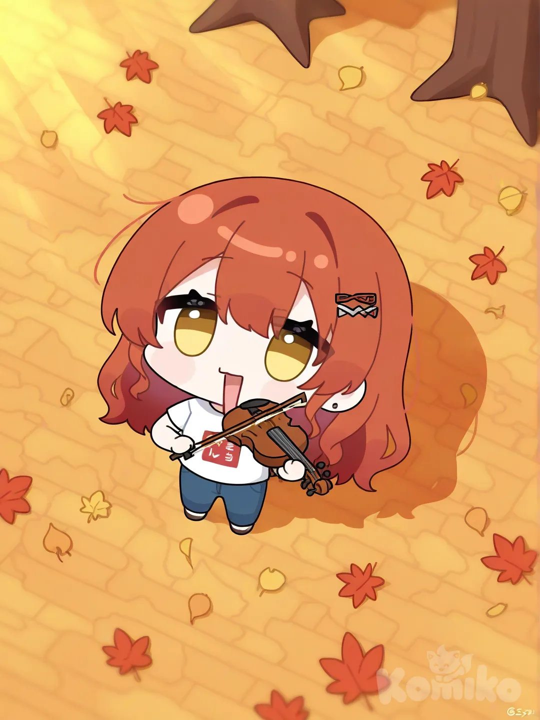 [uplook-style]Girls: 1
Hair: Auburn
Action: Playing violin as leaves spiral
Scene: Autumn forest, golden hour light shafts
, t-shirt, jeans, hair accessory