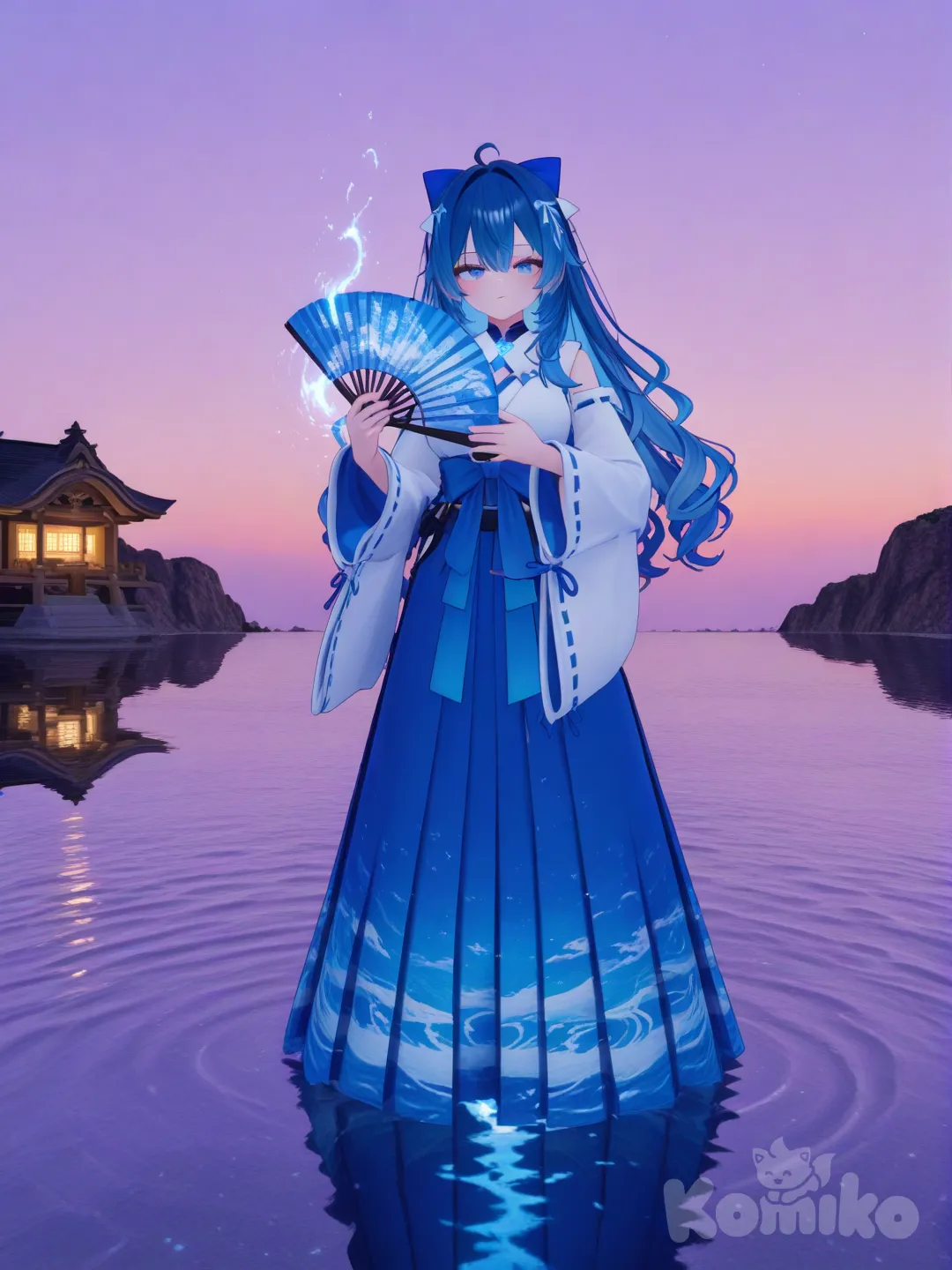 [3d-anime-style], Girls: 1 , Hair: Deep ocean blue, Action: Conducting water ribbons with a fan, Scene: Cliffside shrine above glowing tides at dusk