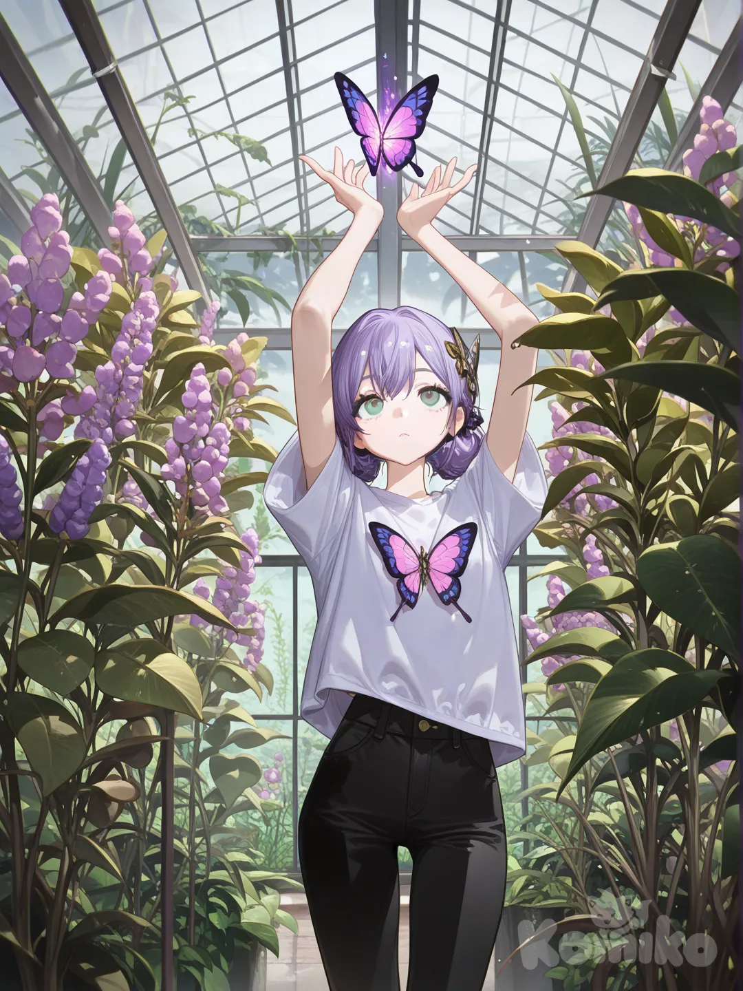[high-gloss-illustration-style],Girls: 1
Hair: Lavender
Action: Summoning luminescent butterflies
Scene: Misty greenhouse with dewy glass and orchids, t-shirt, casual pants, hair accessory