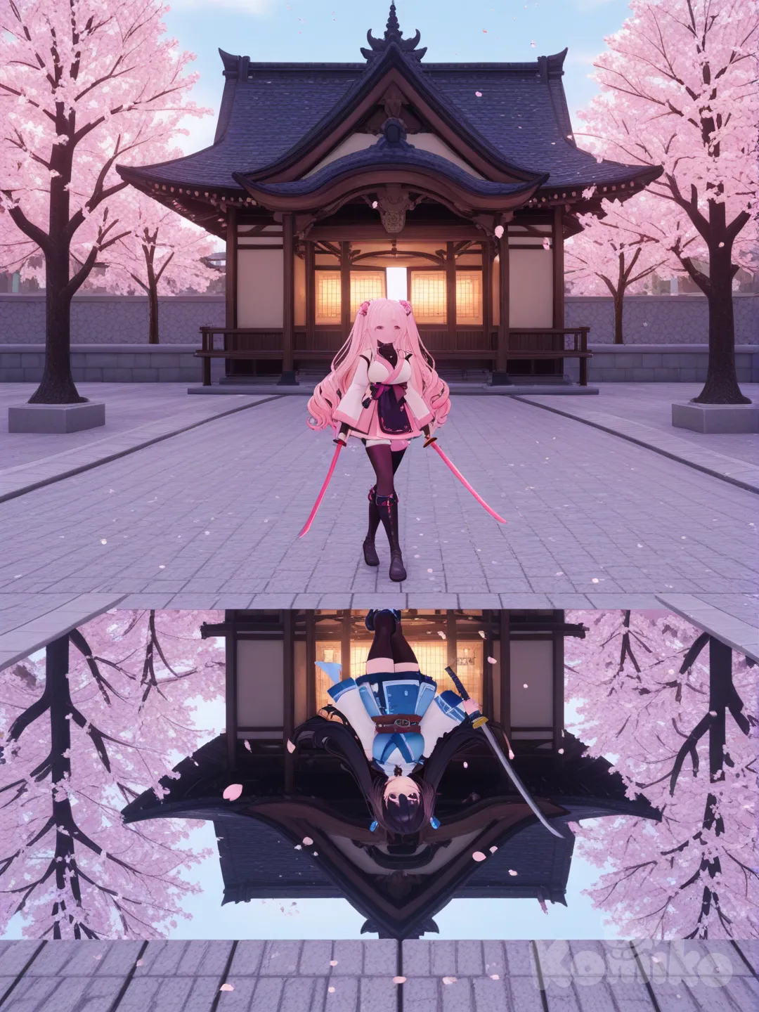 [3d-anime-style],Girls: 2, Hair: Cherry pink (Mei), Raven black (Rin), Action: Synchronized sword practice, Scene: Petal‑strewn courtyard beneath blooming sakura