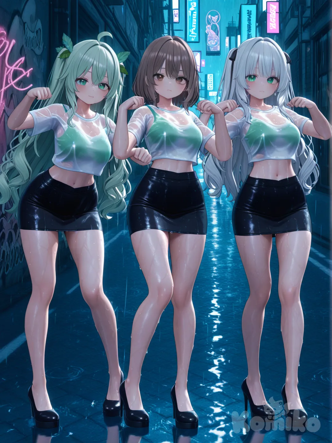 [3d-anime-style]Girls: 3
Hair: Mint green, Platinum white , Amber brown
Action: Street‑dance trio freeze pose
Scene: Neon alley with hologram graffiti and rain, crop top, pencil skirt