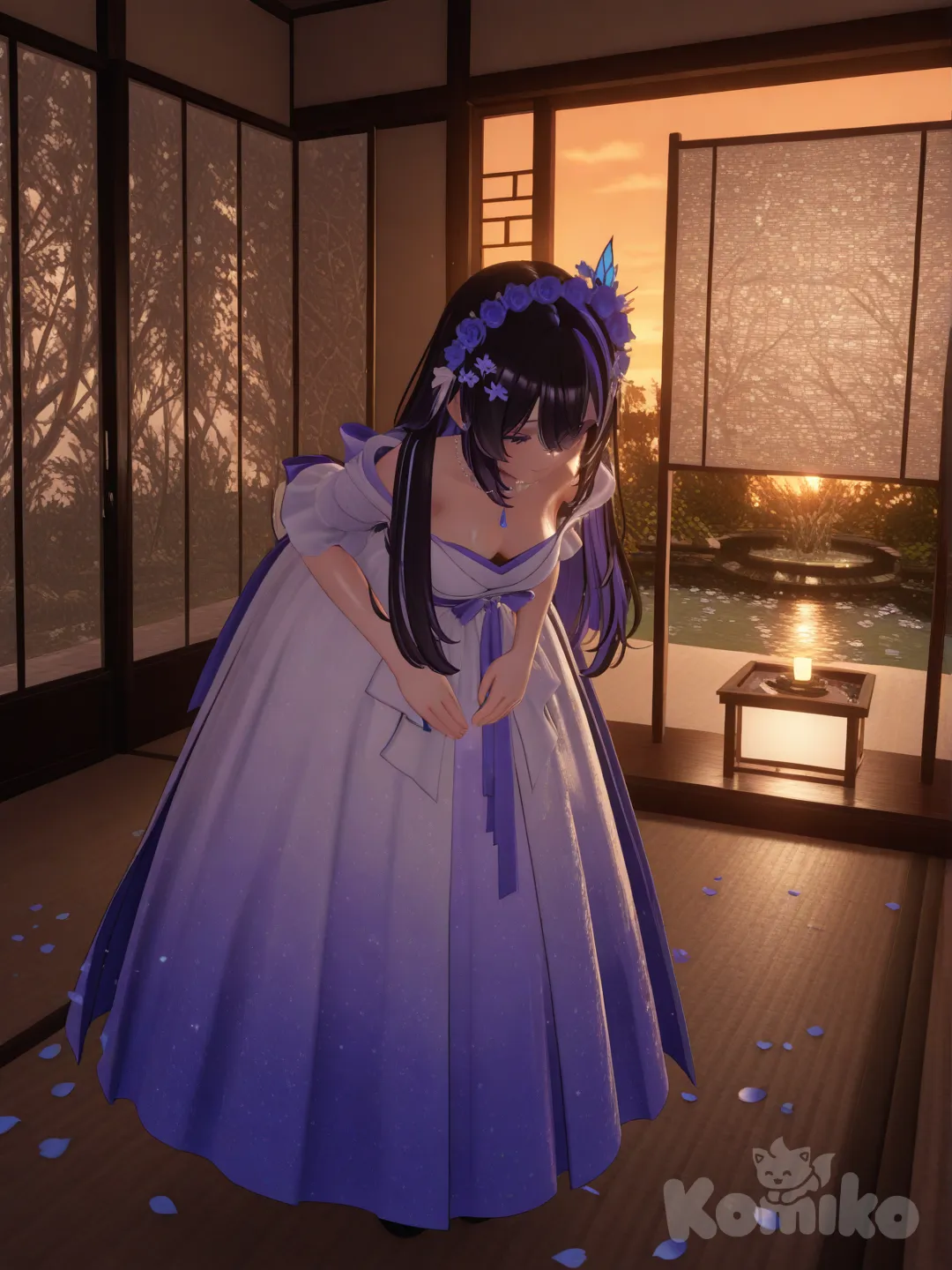 [3d-anime-style]Girls: 1
Hair: Jet black with violet sheen
Action: Tea ceremony mid‑bow
Scene: Paper screens, garden pond, drifting petals , evening dress, headband