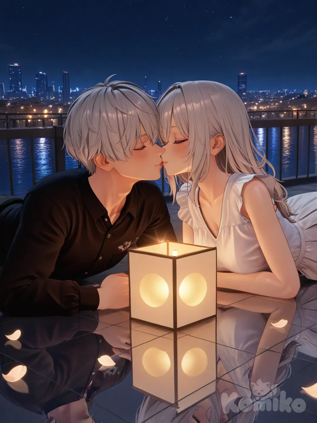 [3d-anime-style]Girls: 1; Boys: 1
Hair: Kaito = moonlit silver; Mika = rose gold
Action: Soft, lingering kiss that blooms into a chorus of glowing petals
Scene: Moonlit rooftop garden, lanterns swaying, city lights like distant stars, a gentle breeze carrying petals and a quiet, hopeful tempo