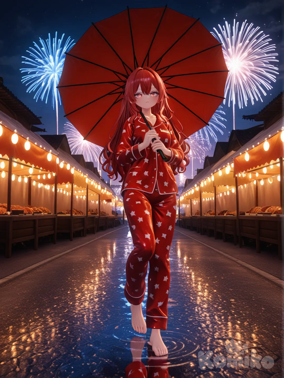 [3d-anime-style]Girls: 1
Hair: Crimson
Action: Parrying sparks with a folding umbrella
Scene: Night market, fireworks reflecting on puddles, pajamas